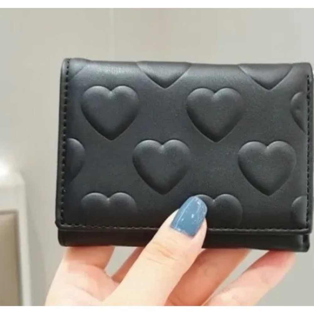 Black Heart Faux Leather Tri‎ Fold Wallet Embossed Heart Pattern Women
